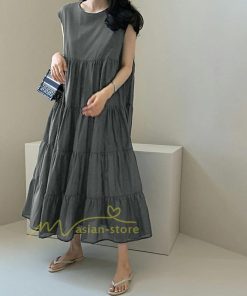 マキシ | ワンピース Aラインノースリーブマキシ丈ワンピース ビッグシルエット 無地 レディース ロング丈 体型カバー カジュアル 麻 綿 ゆったり 20代30代40代