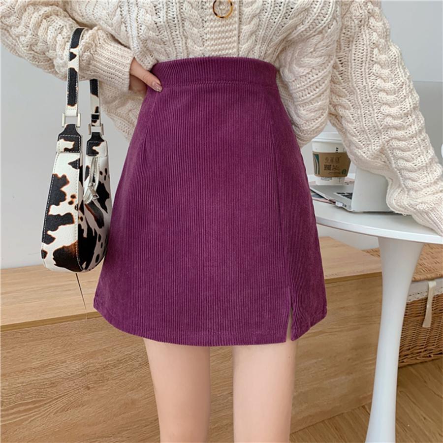タイトスカート | ミニスリット入り Aラインスカート コーデュロイ ハイウエスト 台形美脚 スカート