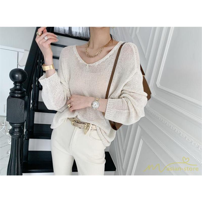 ニット・セーター | ニット サマーニット レディース トップス カットソー ニットソー Vネック 透かし編み 長袖 クルーネック Tシャツ ゆる 薄手 Tシャツ カジュアル リラックス