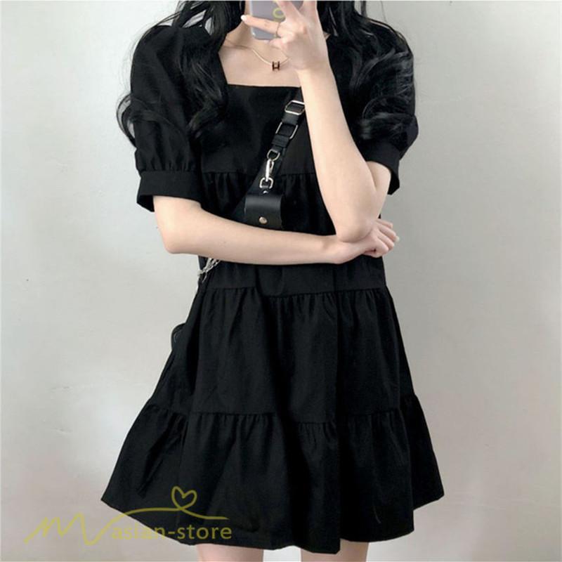 ミニ丈 | ワンピース 無地 レディース ショートワンピース 半袖 かわいい スクエアネック サマーワンピース 夏新作 カジュアル 黒 Aラインワンピース XL ゆったり 白