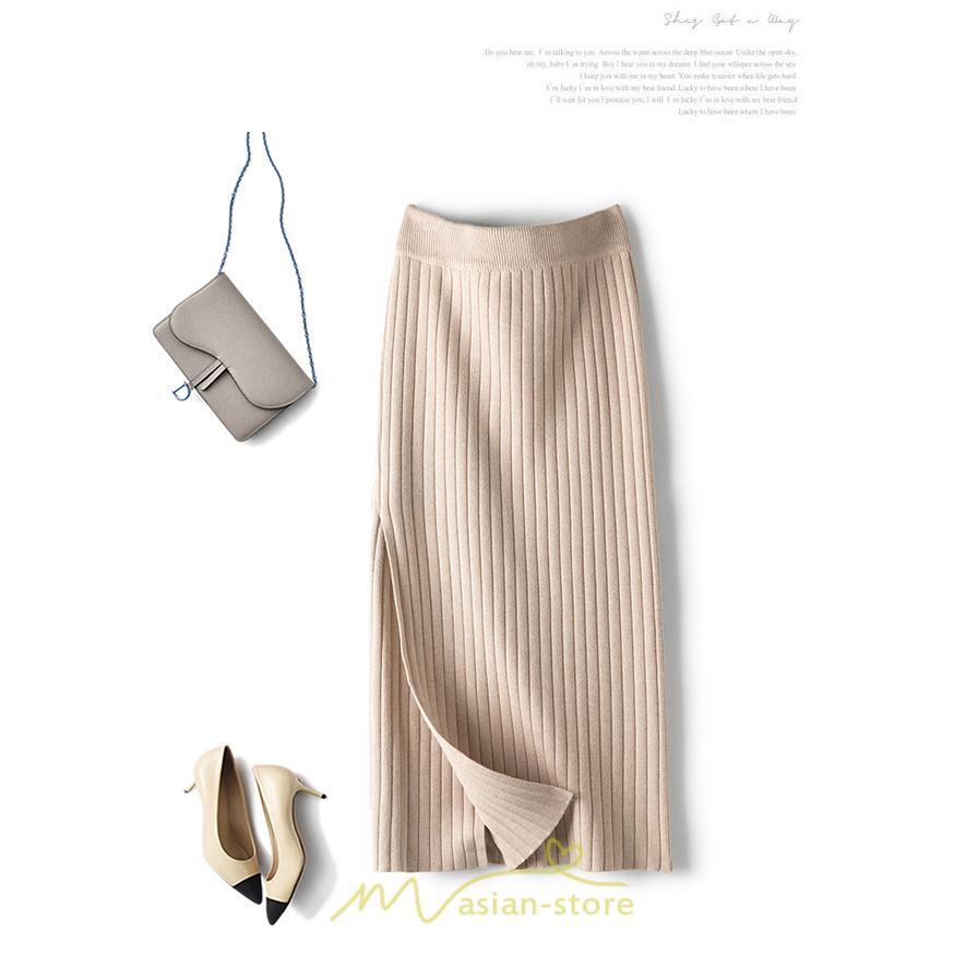 スカート | レディース ロング丈 ミモレ丈 冬 秋 暖か ボトムス ハイウエスト 美ライン スリット セクシー ニット イベント お出かけ デート お呼ばれ お食事会