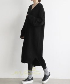 在庫ある | 短納期ロングニットワンピース ロングワンピ カットソー 長袖 トップス Vネック ゆったりセーターニット 体型カバー 通学通勤 OL ストレートニットワンピ