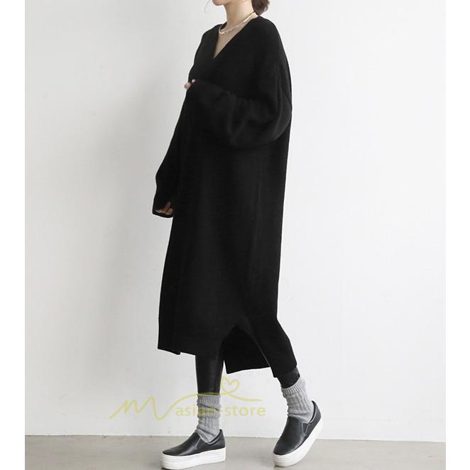 在庫ある | 短納期ロングニットワンピース ロングワンピ カットソー 長袖 トップス Vネック ゆったりセーターニット 体型カバー 通学通勤 OL ストレートニットワンピ