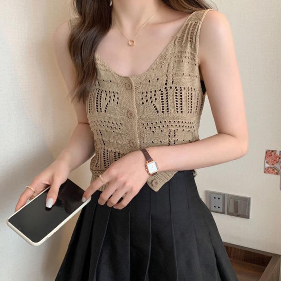 透かし編みトップス | 透かし編み タンクトップ スクエアネック