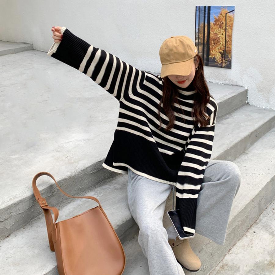 ニット・セーター | タートルネックボーダーニットトップス冬服