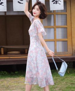 ミディアム | ワンピース レディース 花柄 きれいめ 膝丈 おしゃれ 上品 半袖 スクエアネック 大きいサイズ 30代 40代 夏新作 20代 サマーワンピース 大人 エレガント 韓国風