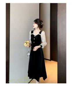 ミディアム | Aラインワンピース 秋コーデ レディース 長袖 切り替え ビロード 膝丈ワンピース 美ライン シルエット 無地 黒ワンピース オフィス フォーマル 大人 お呼ばれ
