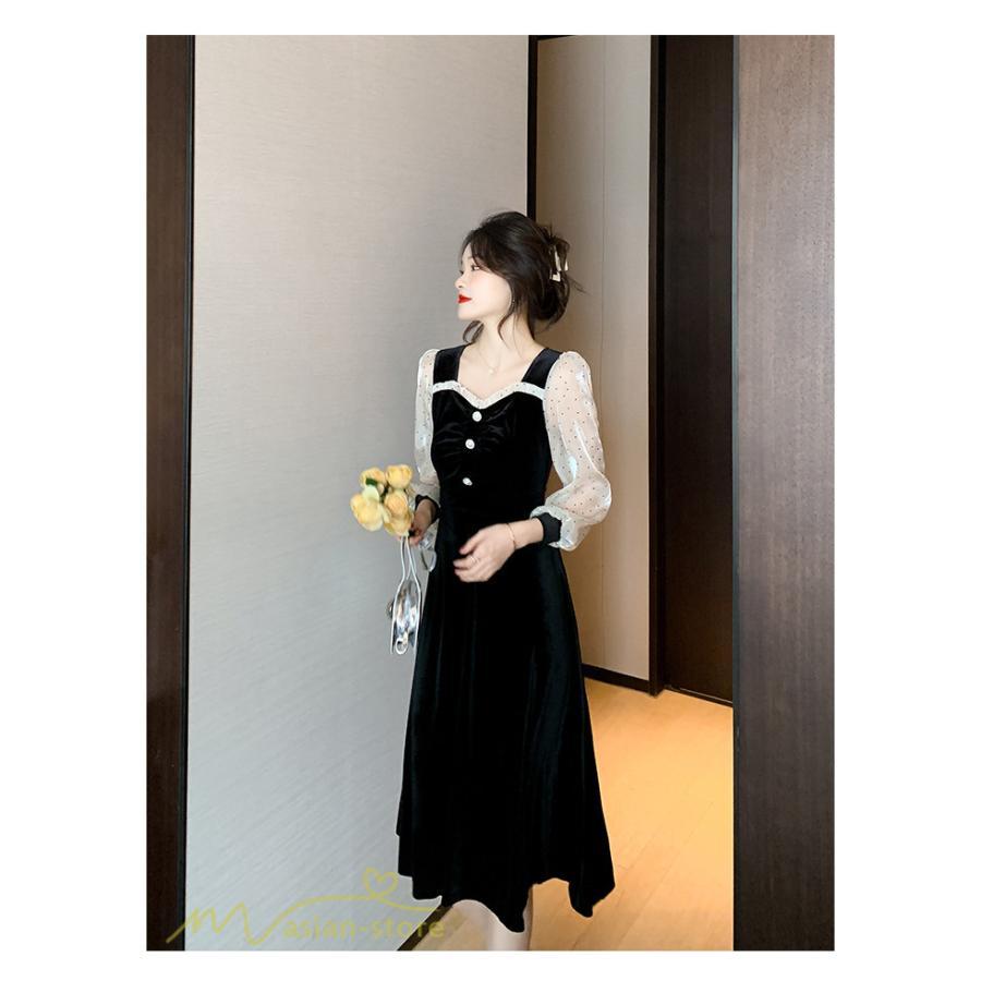 ミディアム | Aラインワンピース 秋コーデ レディース 長袖 切り替え ビロード 膝丈ワンピース 美ライン シルエット 無地 黒ワンピース オフィス フォーマル 大人 お呼ばれ