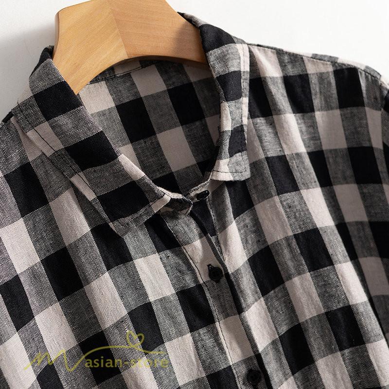 送料無料SALE | チェックワンピース 半袖ワンピース 夏ワンピース シャツワンピース ロングシャツ 膝上丈 麻 羽織り 前開き ポケット 30代40代 可愛い スリム 女の子