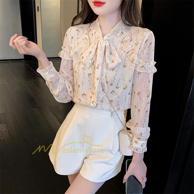 シャツ・ブラウス | ブラウス トップス シャツ レディース シフォン 無地 長袖シャツ ファッション カジュアル エレガント 細身 優雅 通勤 花柄 新作 リボン付き 上品 オシャレ OL