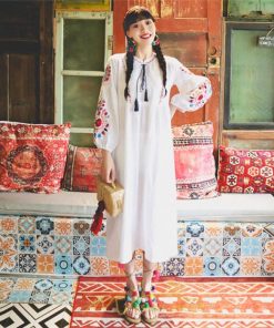 マキシ | ワンピース 夏秋 長袖 レディース ワンピ ロング 美シルエット ロングワンピ―ス 大人 花柄 刺繍 エスニック風 リゾート 綿麻 お出かけ リネン コットン 旅行