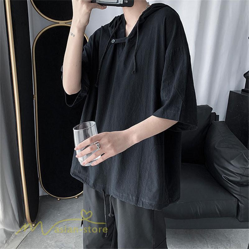 Tシャツ | トップス メンズ カットソー パーカー フード付き カジュアル 無地 7分丈 ゆったり 大きいサイズ 20代 30代 夏新作 ルームウェア 体型カバー シンプル
