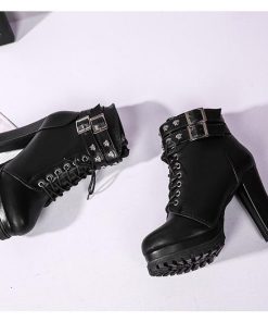ショートブーツ | ブーツ 厚底シューズ ラウンドトゥ チャンキーヒール レースアップ サイドファスナー ハイヒール 厚底ブーツ レディース 黒ブーツ 25cm