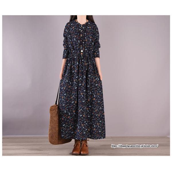 マキシ | 花柄ワンピース30代レディース秋物 リネンワンピース 綿麻風 シャツワンピース ロングワンピース ミモレ丈 長袖ワンピース リボン付き 秋ワンピース 大人