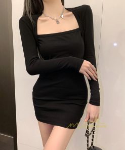 ミニ丈 | ニットワンピース ショート丈 レディース セクシー 長袖タイトワンピ 着やせ おしゃれ パーティードレス ファッション ミニワンピ スクエアネック ストレッチ