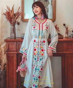 マキシ | ワンピース コットン 長袖ワンピース カジュアル ゆったり ナチュラル シンプル 可愛い 夏 秋 エスニック Vネック 鎖骨 レトロ 黄色 刺繍 白 青 三色展開