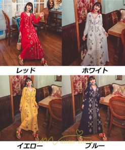 マキシ | ワンピース 長袖 レディース ロング丈 マキシ丈 綿麻 コットン リネン Aライン ゆったり 体型カバー 大人 可愛い 海外旅行 秋 夏 エスニック ナチュラル 春