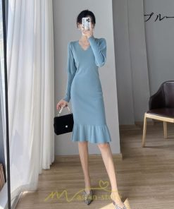 ニットワンピース | ニット ワンピース ロング Vネック ニットワンピ 長袖 ブラック 2022秋冬 ブルー マーメイド フリル セクシー 通勤 おしゃれ キレイめ ミモレ丈 上品
