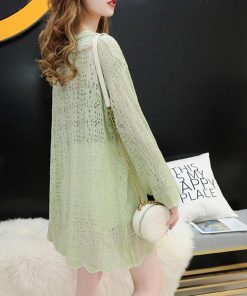 透かし編みトップス | ロングリブカーデ 透け感 カーディガン