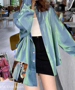 カーディガン | 光沢 サテン 春 レディース ブラウス ロングシャツ 夏 トップス 長袖 カラーシャツ レトロデザイン