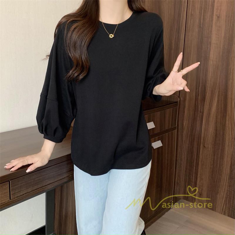 tシャツ・カットソー | 7分袖Tシャツ レディース Tシャツ 夏服 秋物 夏秋物 トップス 夏秋服 パフスリーブ ゆったり 無地 丸首 秋コーデ 春夏秋 可愛い 20代30代 40代50代 夏コーデ
