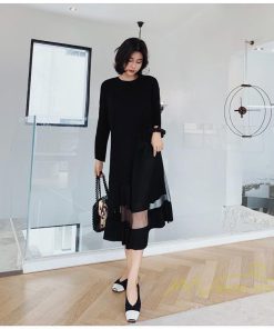 マキシ | 黒ワンピース 長袖ワンピース 秋物 レディース 切り替えワンピース ゆったり 大きいサイズ 裾チュール 30代40代 大人 20代50代 かわいい 通学通勤 ワンピース