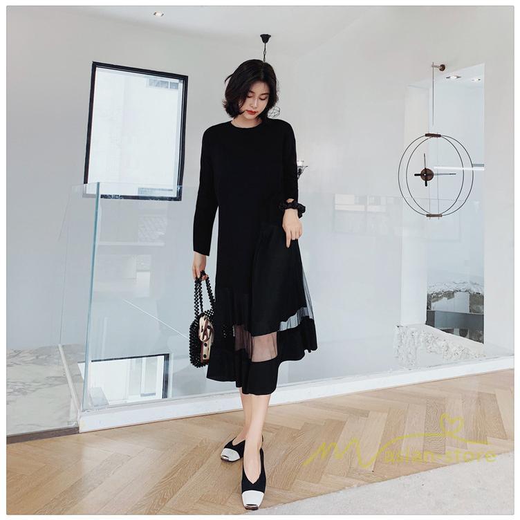 マキシ | 黒ワンピース 長袖ワンピース 秋物 レディース 切り替えワンピース ゆったり 大きいサイズ 裾チュール 30代40代 大人 20代50代 かわいい 通学通勤 ワンピース