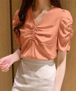 シャツ・ブラウス | シャツ ブラウス レディース バルーンスリーブ 半袖ブラウス Vネック トップス ファッション 無地 シャーリング サマー 通学 通勤 着痩せ 着回し 2020夏新作