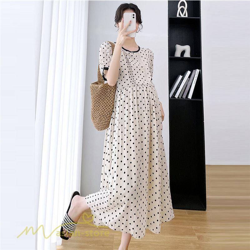 ワンピース | マタニティレディース 着痩せ ドット柄 Aライン半袖 ゆったり マタニティウェア 上品 産前 サマー おしゃれ お出かけ 妊婦服