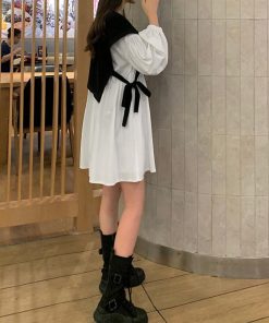 シャツワンピース | 長袖ワンピース おしゃれ チュニックワンピ 白 ベストレイヤード風 レディース アシンメトリー きれいめ