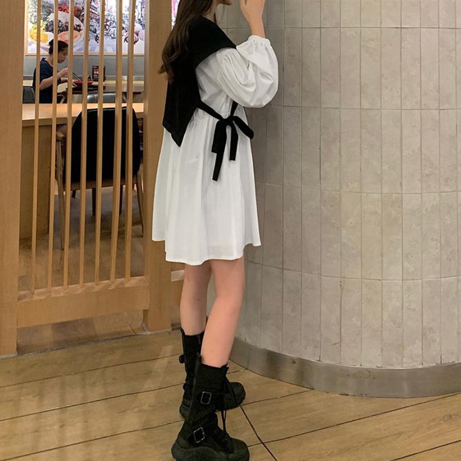 シャツワンピース | 長袖ワンピース おしゃれ チュニックワンピ 白 ベストレイヤード風 レディース アシンメトリー きれいめ