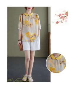 ｔシャツ・カットソー | Tシャツ Tシャツ プリント カジュアル 麻綿 リネン シャツ トップス サマーシャツ 襟付き カジュアル 大きいサイズ 夏コーデ 5分袖 麻綿 トレンド レディース