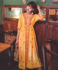 マキシ | ワンピース レディース コットン リゾート かわいい 五分袖 Ｖネック 花柄 上品 ロング丈 ファッション エスニック風 体型カバー お呼ばれ 二次会 民族風 披露宴