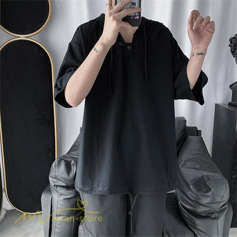 Tシャツ | トップス メンズ カットソー パーカー フード付き カジュアル 無地 7分丈 ゆったり 大きいサイズ 20代 30代 夏新作 ルームウェア 体型カバー シンプル