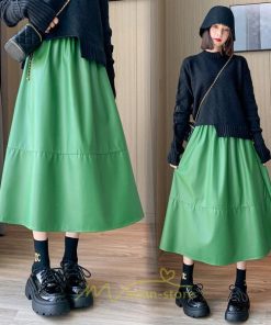 スカート | Pu秋冬 合皮ロングウエストゴム Aラインゆったり 体型カバー ハイウエスト 大人 無地 通学通勤 フレア 広い幅 可愛い