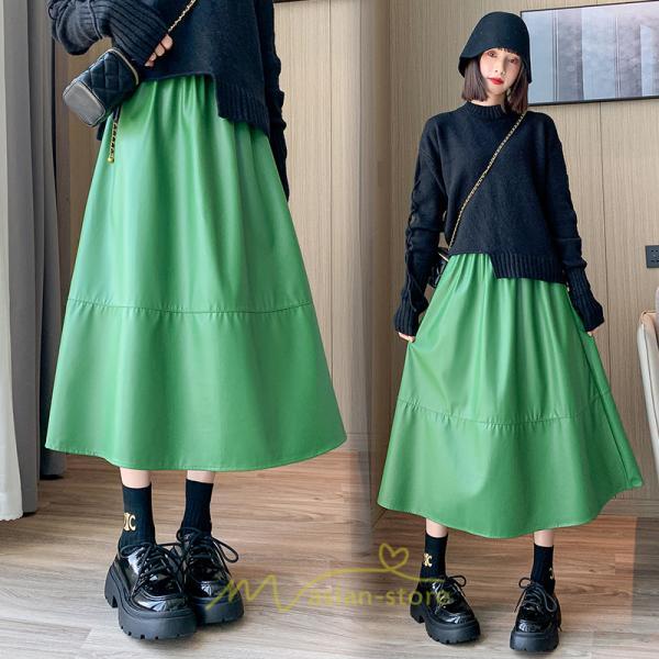 スカート | Pu秋冬 合皮ロングウエストゴム Aラインゆったり 体型カバー ハイウエスト 大人 無地 通学通勤 フレア 広い幅 可愛い
