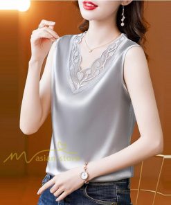 キャミソール タンクトップ | レディース トップス タンクトップ ノースリーブ 無地 『襟元レースデザインタンク』 Ｖネック Ｖネックタンク 春 インナー 20代30代40代50代 カジュアル 着痩せ