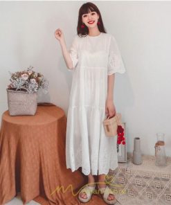 マキシ | ワンピース レース 丸首 刺繍 ロングワンピース レディース 夏秋 結婚式 きれいめ フォーマル 大人 上品 綿麻 白 黄色 コットン ピンク かわいい リネン