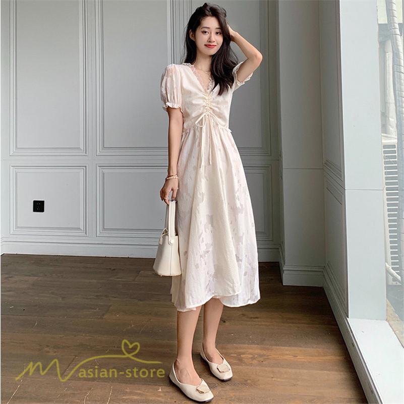 ミディアム | ワンピース レディース 着痩せ 上品 半袖 Aラインワンピース シフォン カジュアル 膝丈 きれいめ おしゃれ Vネック 上品 40代 30代 20代 サマーワンピース