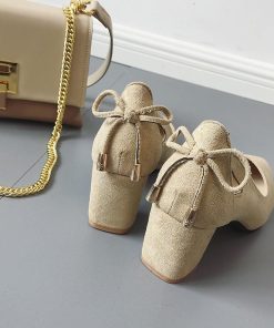 パンプス | スエード調 ポインテッドトゥ チャンキーヒール スエード太ヒール ストラップなし スリップオン バックリボン 無地 大きいサイズ ミドル
