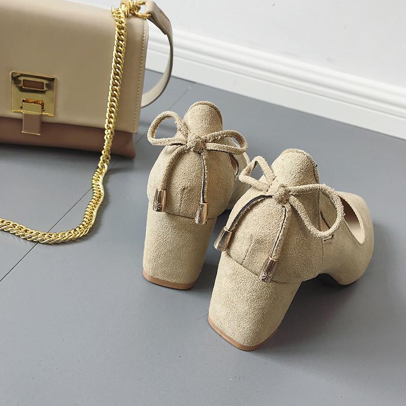 パンプス | スエード調 ポインテッドトゥ チャンキーヒール スエード太ヒール ストラップなし スリップオン バックリボン 無地 大きいサイズ ミドル