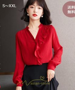 シャツ・ブラウス | ブラウス レディース シャツ トップス 赤 長袖シャツ 無地 オフィス カジュアル おしゃれ シフォン 通勤 フリル 可愛い オシャレ キレイめ ナチュラル 上品