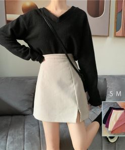 タイトスカート | ミニスリット入り Aラインスカート コーデュロイ ハイウエスト 台形美脚 スカート