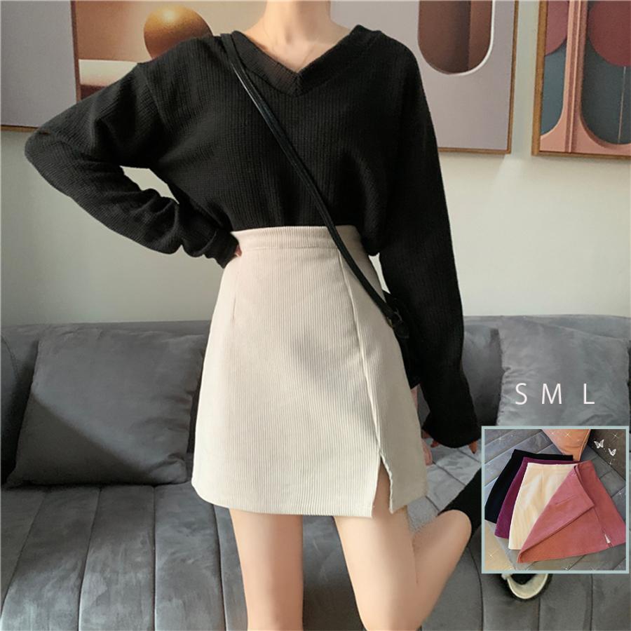 タイトスカート | ミニスリット入り Aラインスカート コーデュロイ ハイウエスト 台形美脚 スカート