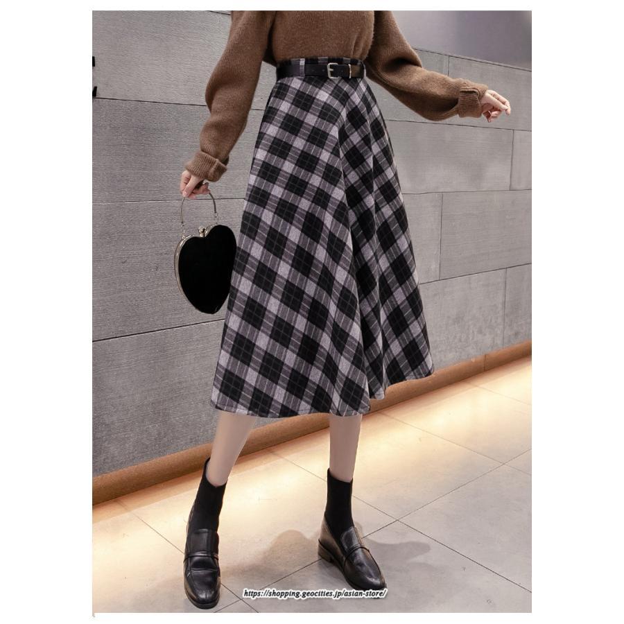 スカート | ロングミモレ レディース フレア Aライン ハイウエスト おしゃれ ゆったり ひざ下 体型カバー チェック柄 ラシャ ベルト付き 30代 20代 40代