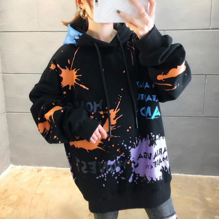 パーカ | レディース 秋冬 ペイント柄 スウェット ポケット付き 韓国風 長袖トレーナー 裏起毛 フード付き おしゃれ パーカー プルオーバー