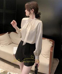 シャツ・ブラウス | ブラウス リボン リボンタイ バルーン袖 バルーンスリーブ シャツ 無地 長袖シャツ ファッション カジュアル エレガント 細身 OL オシャレ 通勤 新作 優雅 上品