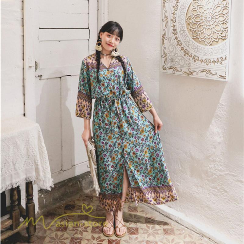 マキシ | ワンピース レディース 総柄 きれいめ ロングワンピース 可愛い カジュアル 春 夏 秋 40代 7分袖 上品 きれいめ 民族風 旅行着 おしゃれ プルオーバー