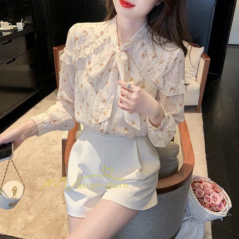 シャツ・ブラウス | ブラウス トップス シャツ レディース シフォン 無地 長袖シャツ ファッション カジュアル エレガント 細身 優雅 通勤 花柄 新作 リボン付き 上品 オシャレ OL