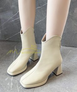 ショートブーツ | ブーツ レディース シューズ 靴 太ヒール チャンキーヒール ブーティー スクエアトゥ 合皮ブーツ コスプレ 後ろファスナー PUブーツ くつ COS